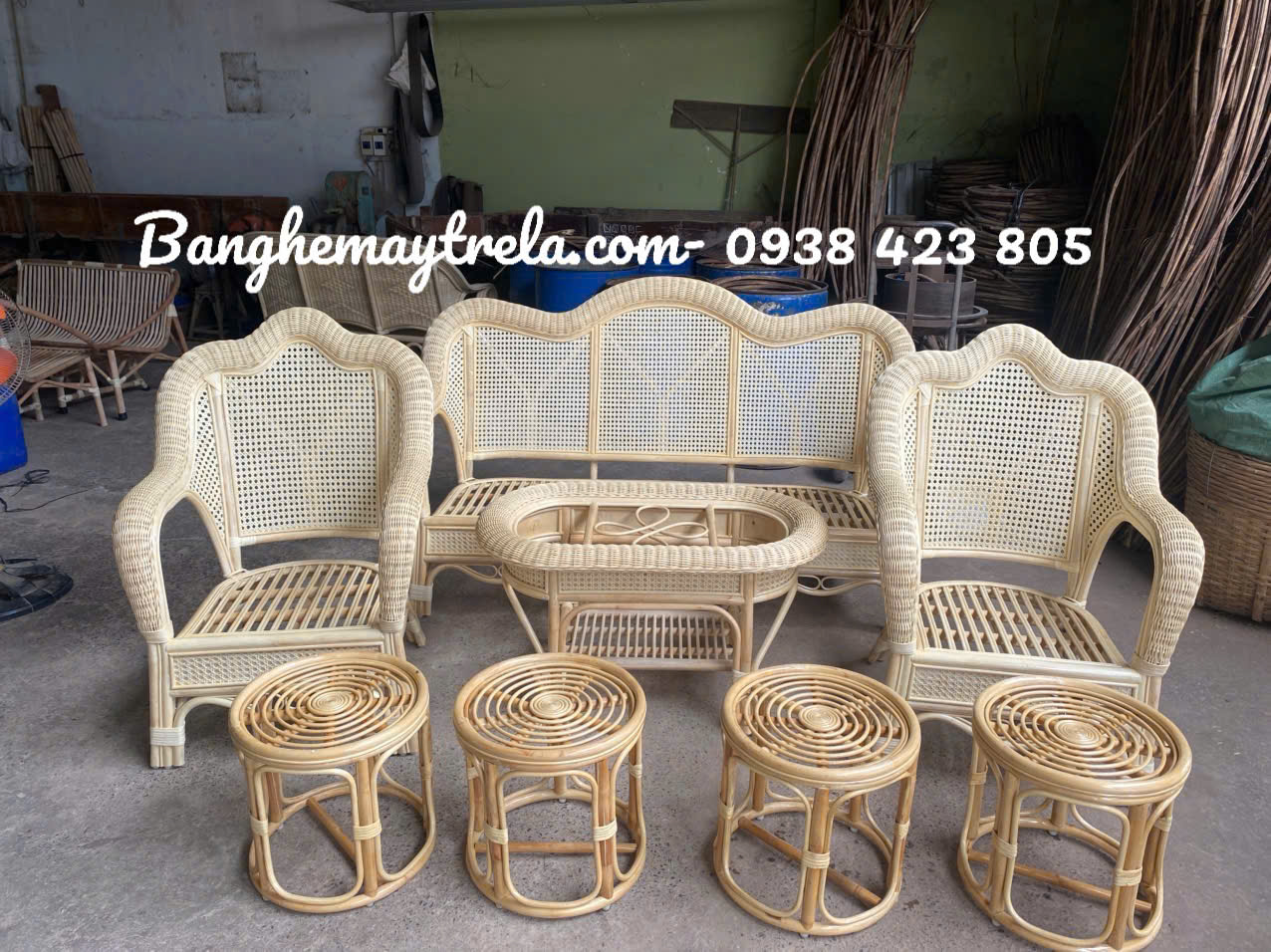 Sofa mây tự nhiên lưới mắt cáo- Bàn ghế mây tre